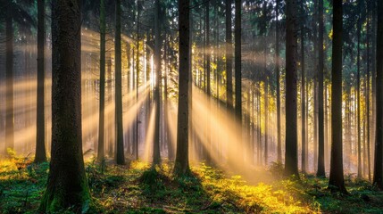 Obraz premium Sunlight streams through a misty forest.