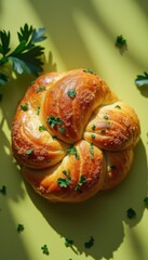 Baked bread garnished with herbs on flat surface indoors