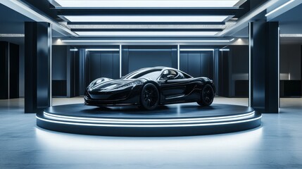 5.Automotive check-up concept with a stylish vehicle on a circular podium, advertising professional maintenance services in a sleek, high-end service center
