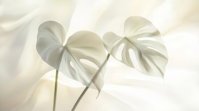 85.Stylish botanical photography featuring a monstera plant in a refined, contemporary setting, with a soft-focus background in light cream tones, creating a serene and sophisticated atmosphere.