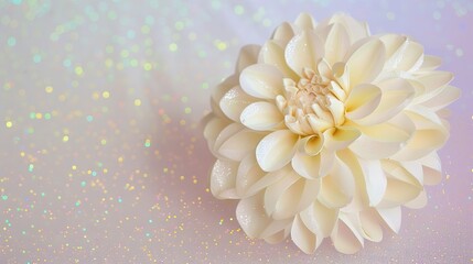 Cream paper dahlia flower with delicate petal layers placed on a glittery background, featuring soft neutral tones and sparkling texture, suitable for wedding invitations, greeting cards,