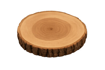 Polished wooden slab showing concentric tree rings on transparent background