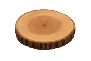 Polished wooden slab showing concentric tree rings on transparent background