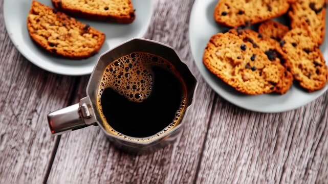 Coffee and biscotti on a wooden table