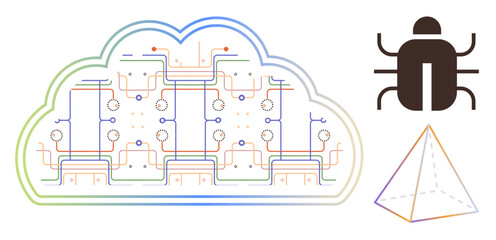 Cloud circuit board wiring with lines, bug icon representing debugging, and a transparent geometric pyramid. Ideal for coding, networking, AI systems, engineering, cloud solutions, software testing