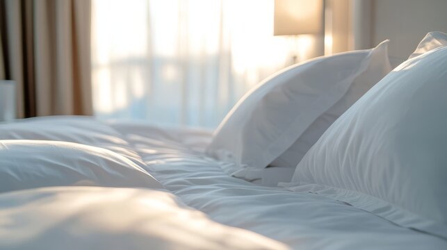 31.Minimalist close-up of a luxury white cotton hotel bedding set, pristine pillows and sheets illuminated by soft morning light, perfectly smooth and inviting texture