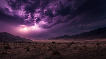 Dramatic lightning storm over a desert landscape.