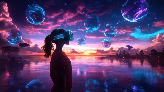 Calm young woman in VR headset at futuristic seashore sunset - Powered by Adobe
