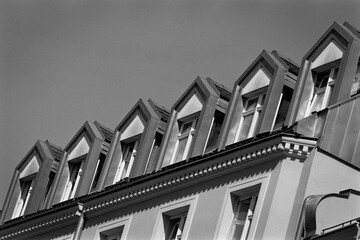 Architecture detail in Poznan, Poland captured on black and white film. Analog photography. 