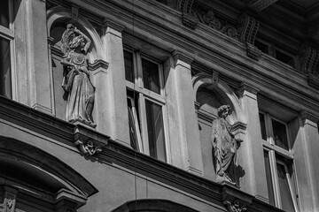 Architecture details in Poznan, Poland. Analog photography. Captured on black and white film. 