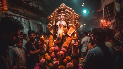 A large idol of lord Ganesha being worshipped by a crowd during a religious festival at night.