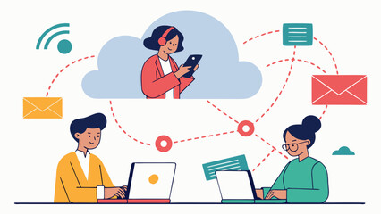 Illustration of diverse people communicating digitally with laptops and smartphones, connected through cloud services.