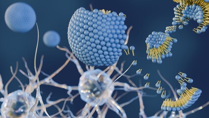 A 3d rendering of liposomes disintegrating or breaking apart within the brain's neural network.