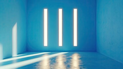 Fototapeta premium Empty blue room with three vertical light sources.