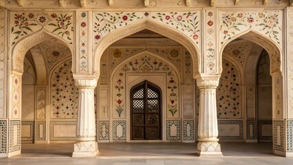 Obraz premium Intricately Decorated Mughal Archway with Floral Inlay and Ornate Wooden Door