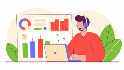 A young man wearing a headset works on a laptop, surrounded by colorful charts and graphs, conveying a busy work atmosphere.