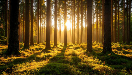 Golden sunlight through forest trees