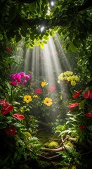 Ephemeral sunlight filtering through lush foliage illuminates a hidden garden pathway