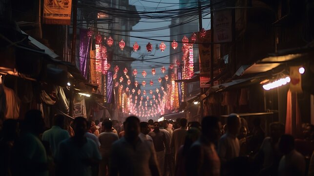 Crowded Asian street market at night illuminated by colorful lanterns and festive decorations, creating a vibrant atmosphere.