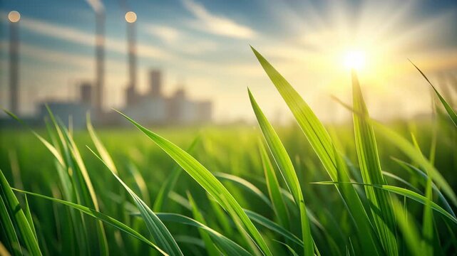 Green leaf close up with industrial plant background showing hydrogen energy process powered by sunlight for clean energy