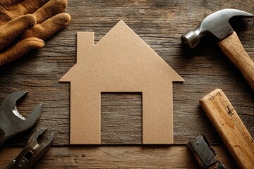 Cardboard house silhouette surrounded by carpentry tools on rustic wood