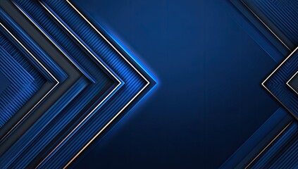 Obraz premium Abstract geometric background featuring layered, dark blue and navy-gold arrow shapes, with glowing blue accents