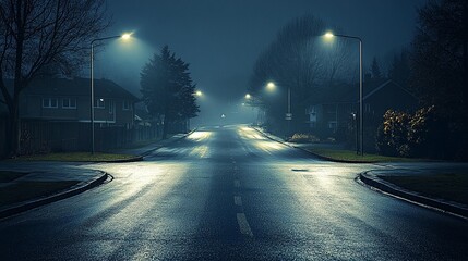 Foggy, dark street at night.  Empty road stretches into the distance, lit by streetlights