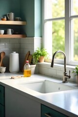 A neatly organized kitchen counter with sparkling clean appliances and surfaces, ready for use Sunlight streams through a window, highlighting the cleanliness , daily cleaning, appliances, bright