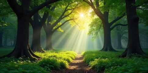 Obraz premium A serene, sun-dappled clearing in a forest, encircled by ancient trees, evokes a sense of peace and spiritual connection; a mystical, protected space , circle, ground
