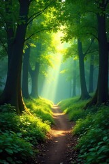 A sun-dappled forest path winds through lush greenery, sunlight filtering through the leaves, creating a magical atmosphere Perfect for nature, travel, and fantasy themes , environment, nature, path