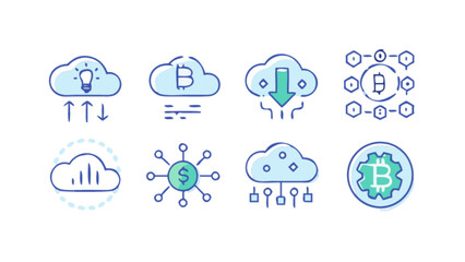Cloud computing bitcoin blockchain technology crypto currency data storage network innovation icon set vector