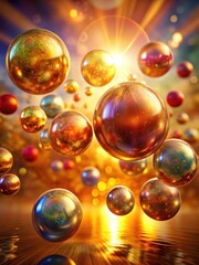 Colorful spheres suspended in air amidst a warm golden glow
