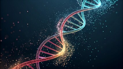 Colorful glowing dna strand on dark background representing genetics and science