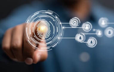 A person's finger touches a glowing fingerprint graphic, surrounded by interconnected profile icons