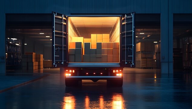 A truck with its rear doors open, displaying boxes inside it in front of an industrial warehouse. 