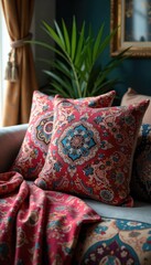 Intricate paisley pattern adorns luxurious indoor cushions and throws, creating a rich, bohemian atmosphere Perfect for design blogs, home decor websites, and textile projects , decorative, textiles