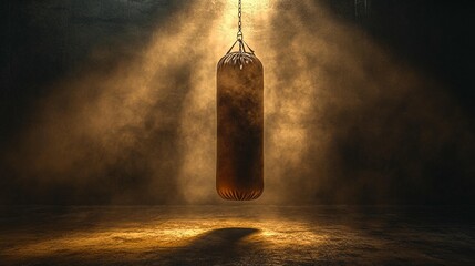 Heavy punching bag in dimly lit, dusty arena