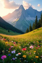 Serene meadow nestled in the embrace of majestic mountains, bathed in the golden light of sunrise Wildflowers bloom, creating a vibrant tapestry against the rugged peaks , light, sunrise