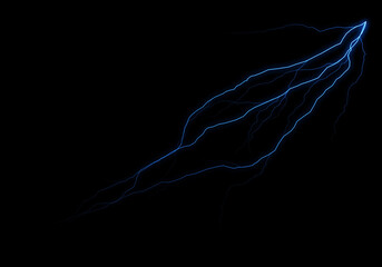 A vibrant blue electrical discharge streaks across a pitch-black background, resembling a stylized lightning bolt or energy stream.  The form is abstract and dynamic.