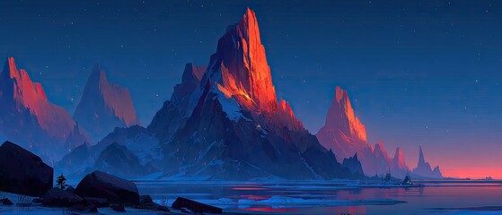Sunrise over a mountain range.  Vast, colorful peaks illuminated by a vibrant sunrise