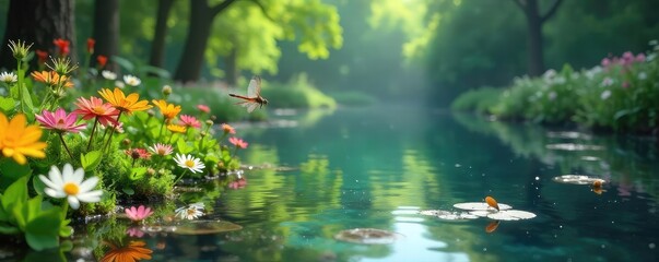 Serene nature pond reflecting lush green foliage and a clear blue sky Dragonflies dance above the calm water, surrounded by vibrant wildflowers , outdoor, fresh water