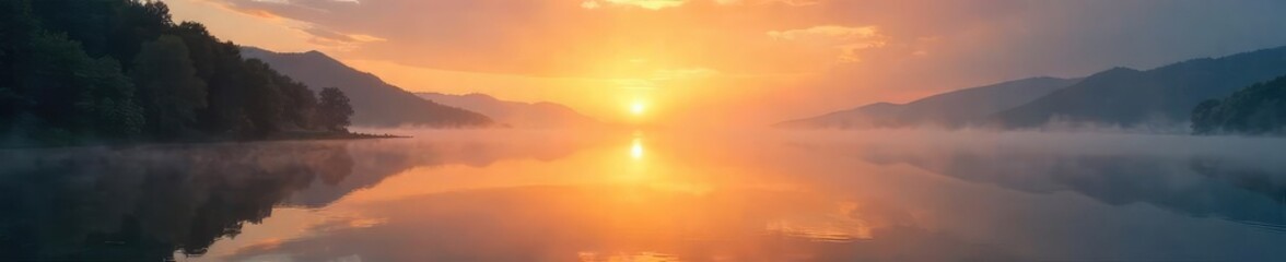 Fototapeta premium Serene sunrise over a calm waterfront, mist clinging to the water's edge, reflecting the golden light Perfect for travel, nature, or real estate projects , golden hour, sun