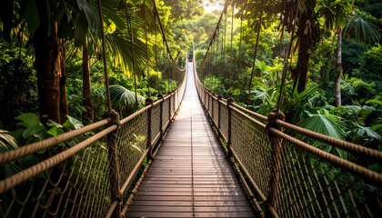 Wooden bridge through lush tropical forest