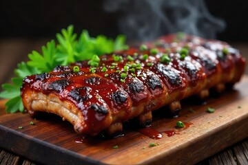 Succulent grilled barbecue ribs glistening with smoky sauce, displayed on a rustic wooden board with fresh herbs , caramelized, party, feast