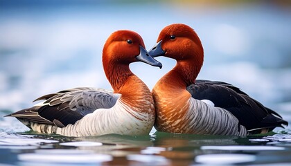 Romantic waterfowl display in a tranquil aquatic environment: pair of redheads