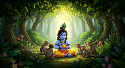 Cute adorable Krishna feeding his monkey friends in Vrindavan forest, Cute monkeys eating butter in nature, sunlight