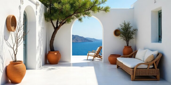 Sun-drenched whitewashed walls, olive branches, and terracotta pots create a serene Greek island interior Simple furniture and woven textures complete the idyllic scene , beauty, style