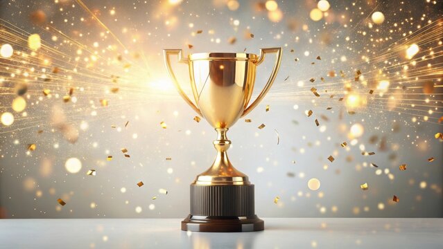 Golden trophy with confetti floating in mid-air against a soft white light background