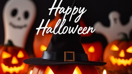 Happy Halloween Celebration with Pumpkins, Ghosts, and Witch Hat