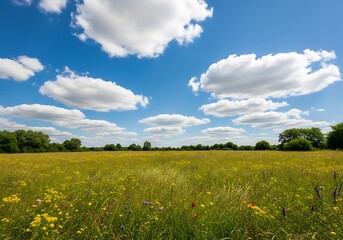 Picturesque meadow landscape under a vibrant blue sky dotted with fluffy white clouds offers a